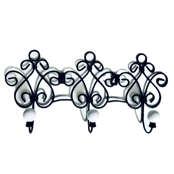 Vintage Style Black Metal White Stone 3 Peg Hooks Coats Robes Towels Wall Decor - Picture 2 of 5